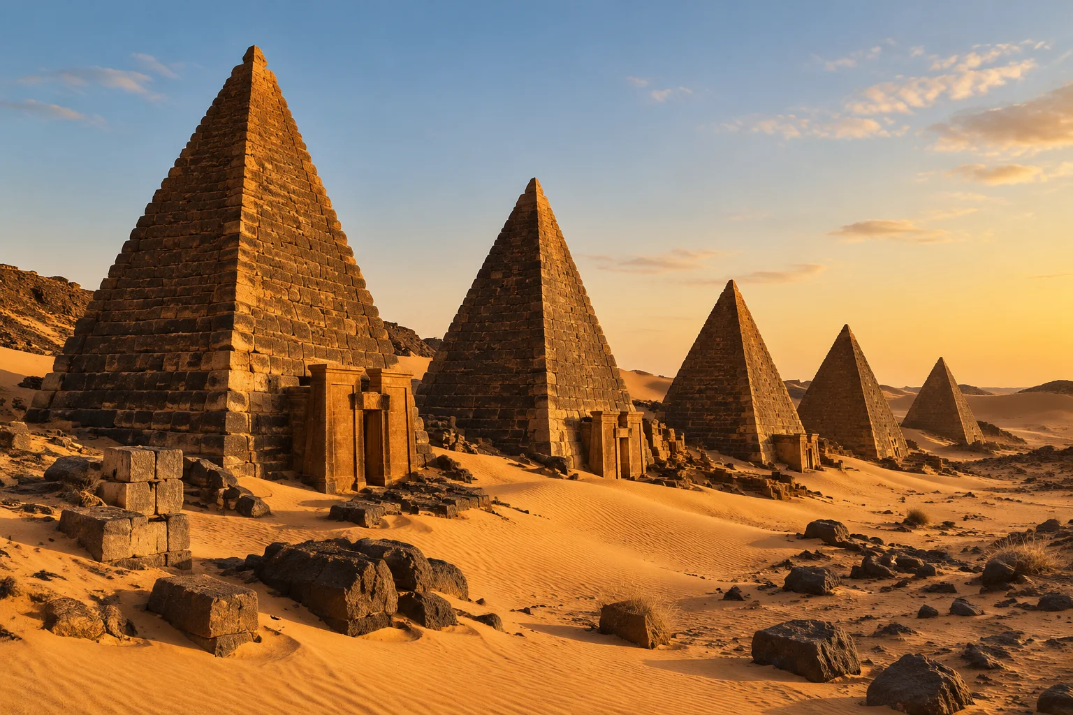 23 Historical Finds That Reveal Advanced Ancient Civilizations 6 Row of steep, narrow Nubian pyramids at Meroë in the Sudanese desert, sand dunes and scattered stone blocks, late afternoon light, no people.
