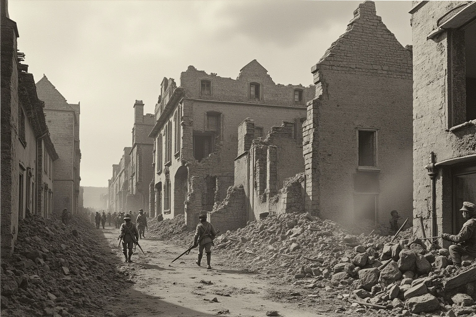 The Turning Point? 20 Facts About the Battle of Normandy 15 Ruined buildings of a bombed Norman city with rubble-strewn streets and soldiers moving cautiously, muted tones, historical illustration