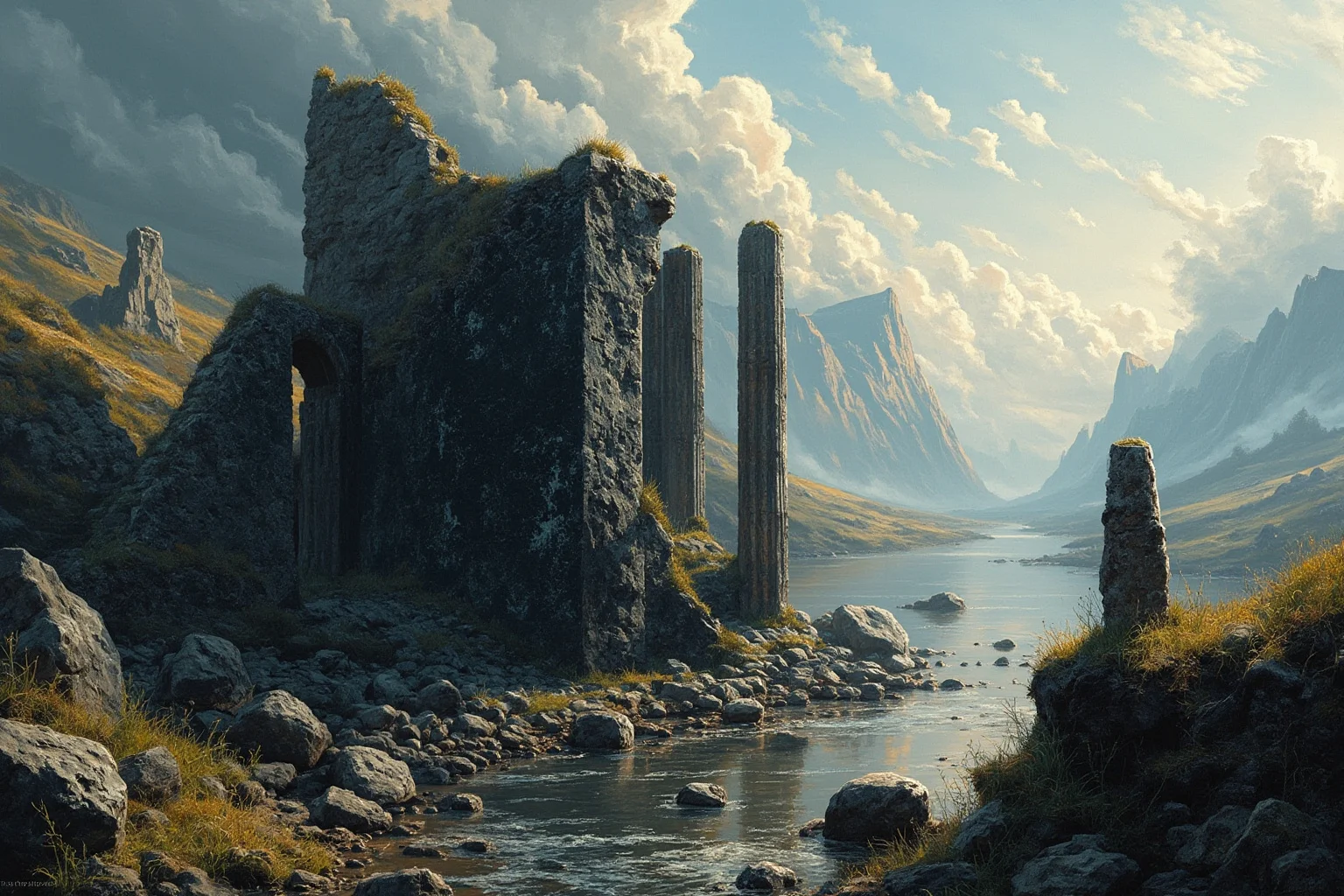 Ruins of a black marble structure by a river, imaginary