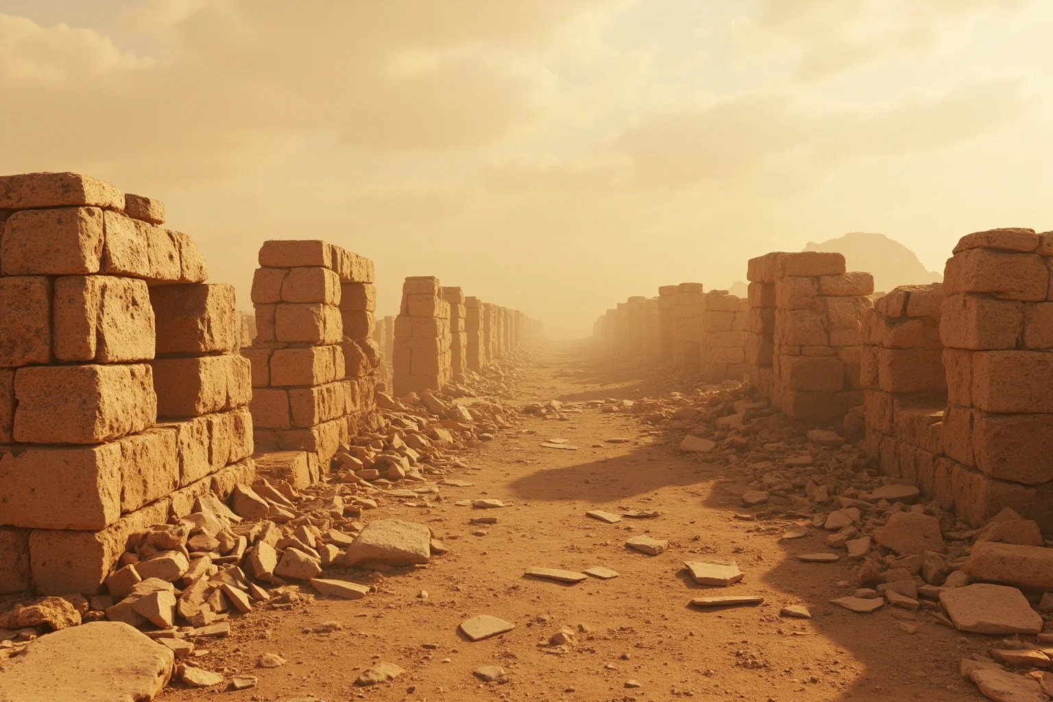 The History Behind the World's Oldest Library 2 Ruins of Nineveh with fallen stone walls and scattered clay tablets under a dusty sky, archaeological site in Iraq, photorealistic.