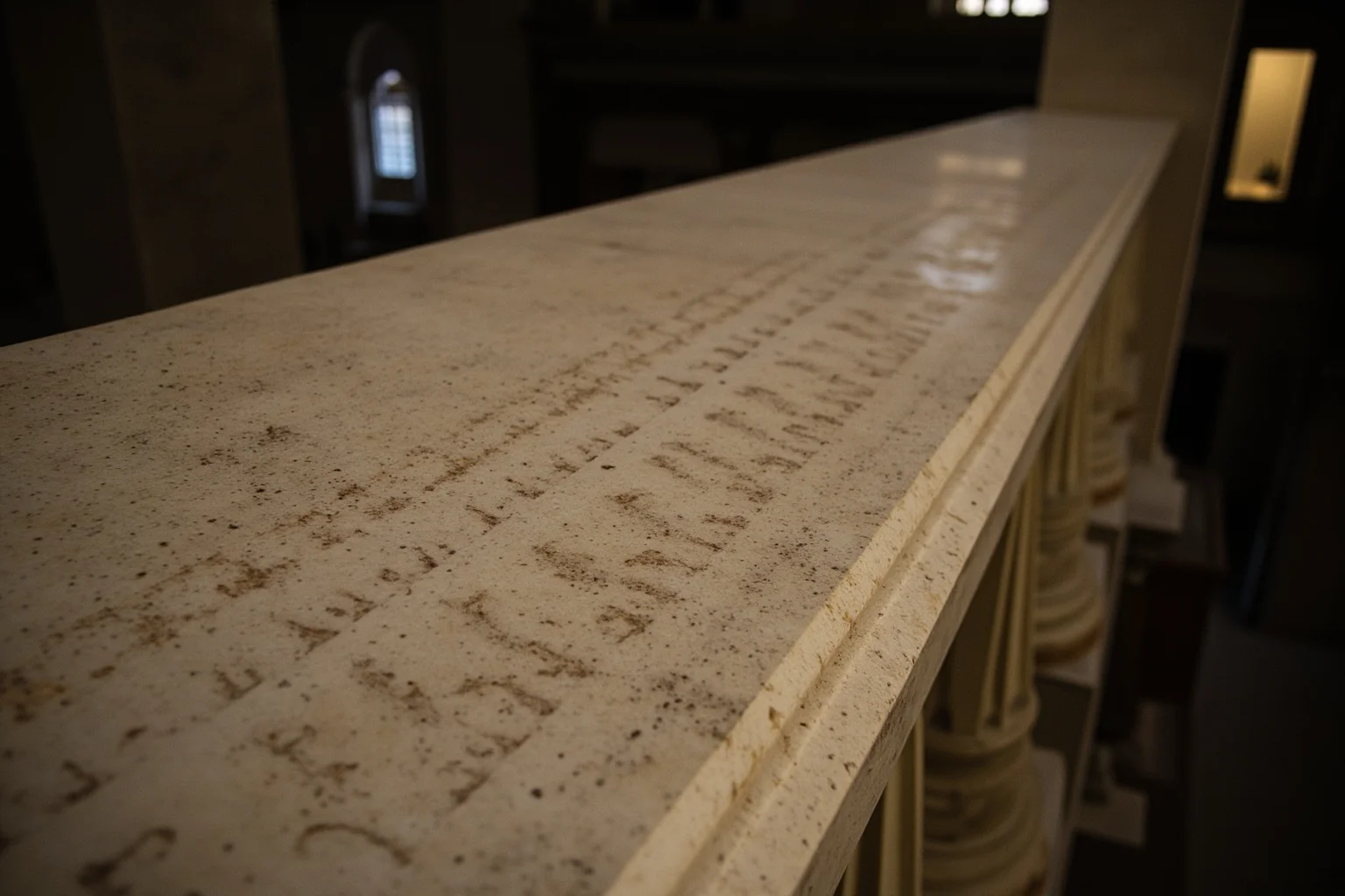 23 Ancient Graffiti Messages That Sound Shockingly Modern 16 Runic scratches carved into a marble balustrade inside a great domed Byzantine church interior, dim atmospheric light, no people.