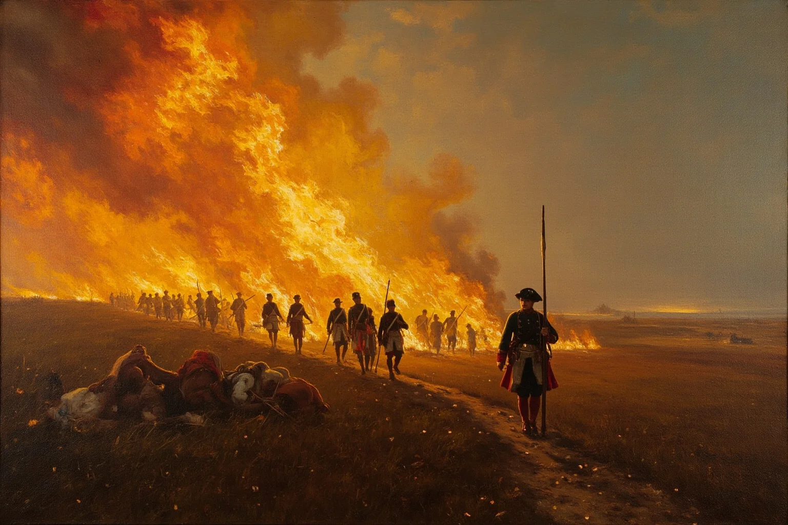 Military Tactics That Seemed Brilliant: 20 That Were Pure Desperation 5 Russian peasants burning fields and villages as Napoleon's army marches through empty countryside, 1812, dramatic historical oil painting