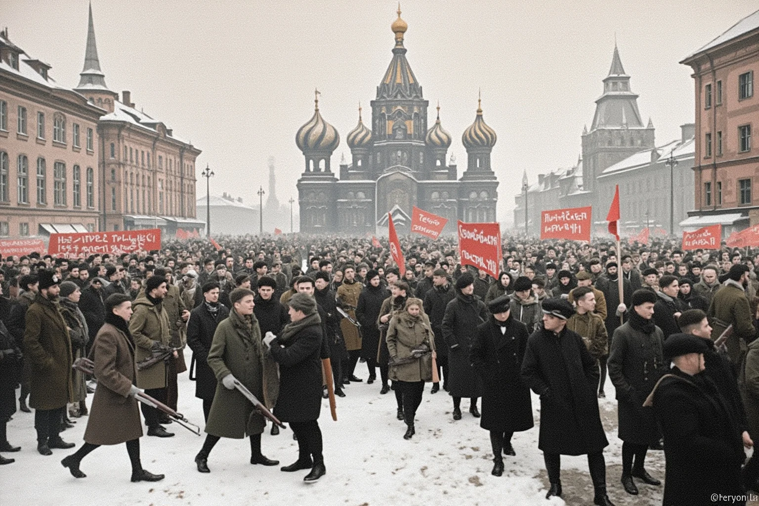 21 Times Governments Were Overthrown by the People 6 Russian workers and soldiers protesting in snowy Petrograd streets, 1917, banners and crowds, muted wintry palette, historical illustration.
