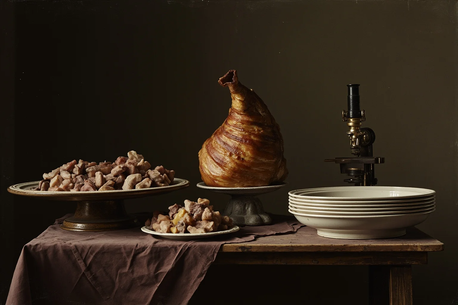 Rustic 1890s Belgian village table with a ham and funeral gathering dishes, with a microscope beside them, muted painterly style