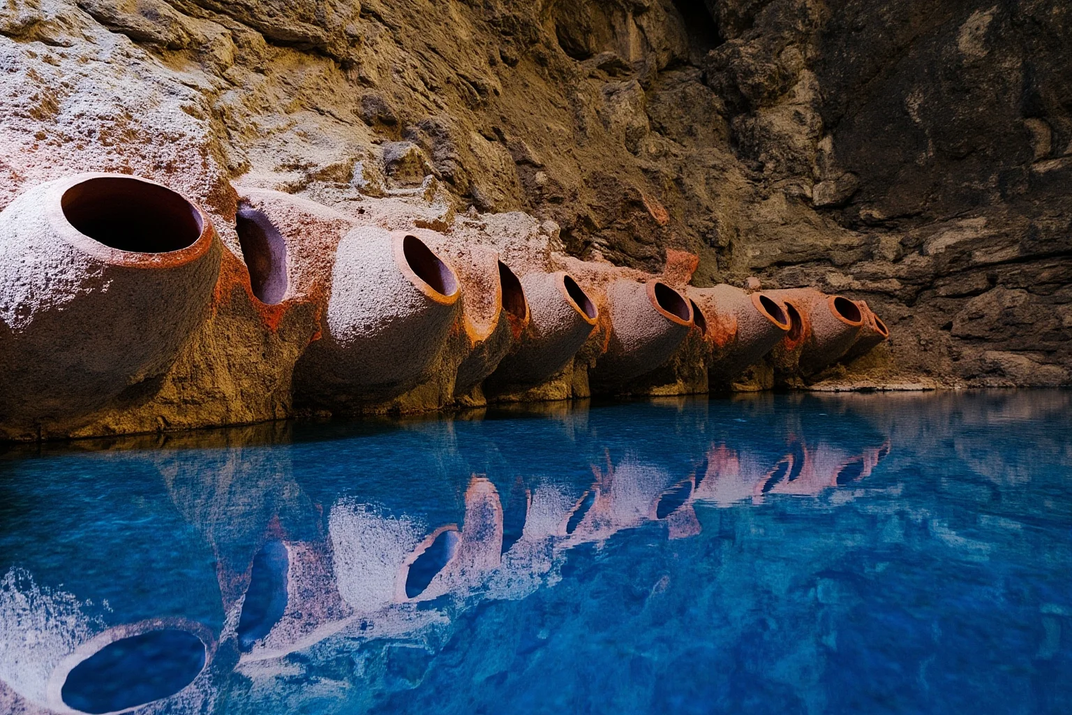 Rusty iron pipes protruding from a rocky cave wall and lakebed, with clear blue water, in a remote Chinese basin, photorealistic.