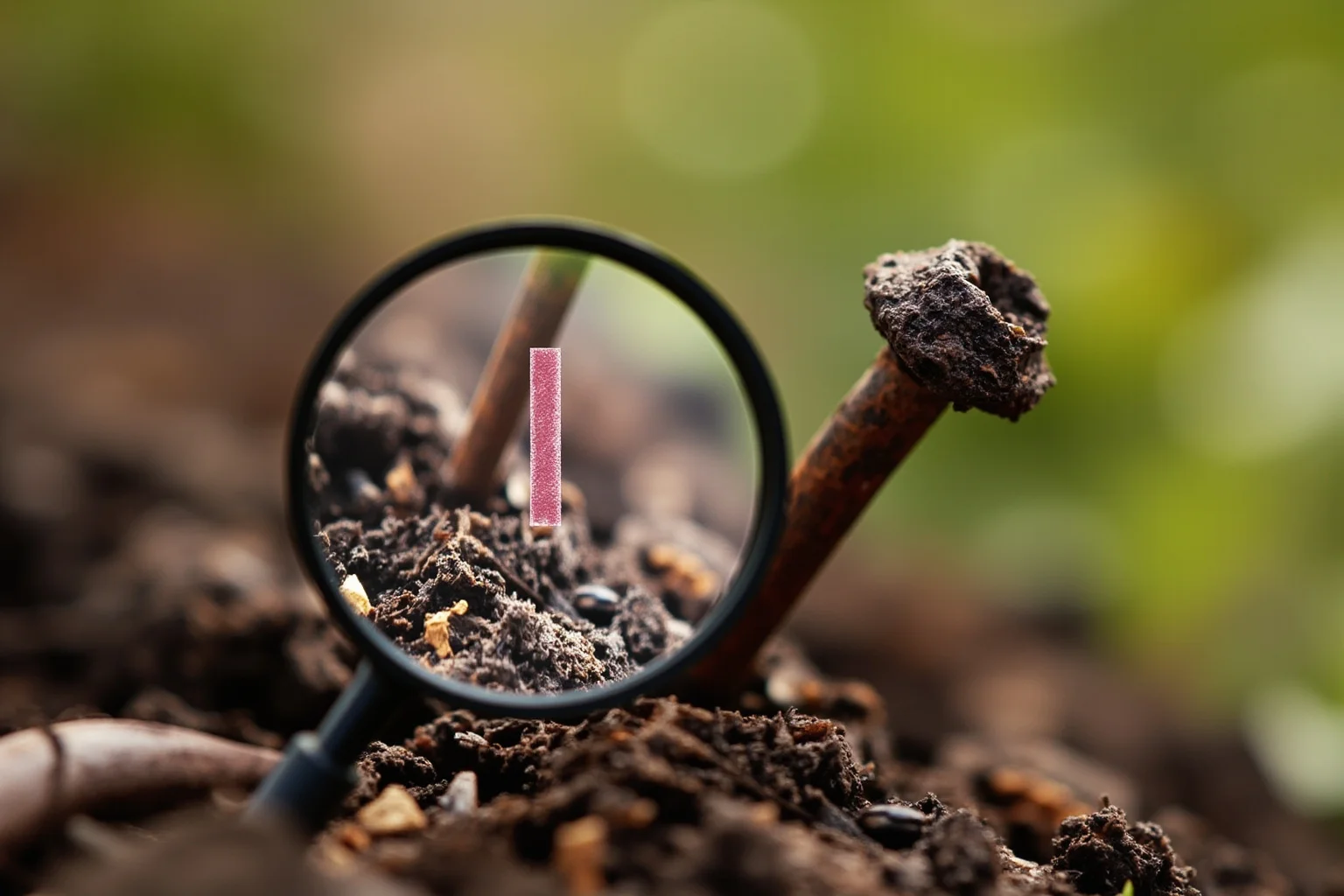 Rusty nail in garden soil with a magnified rod-shaped bacterium overlay, educational scientific illustration