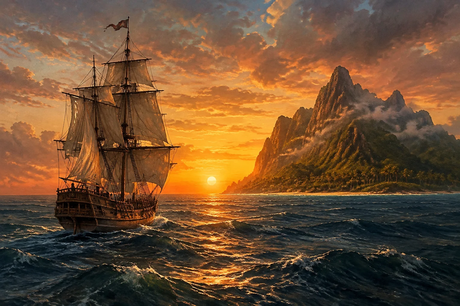 Sailing ship near a remote island at sunset, suggesting sailors lost at sea, historical maritime illustration