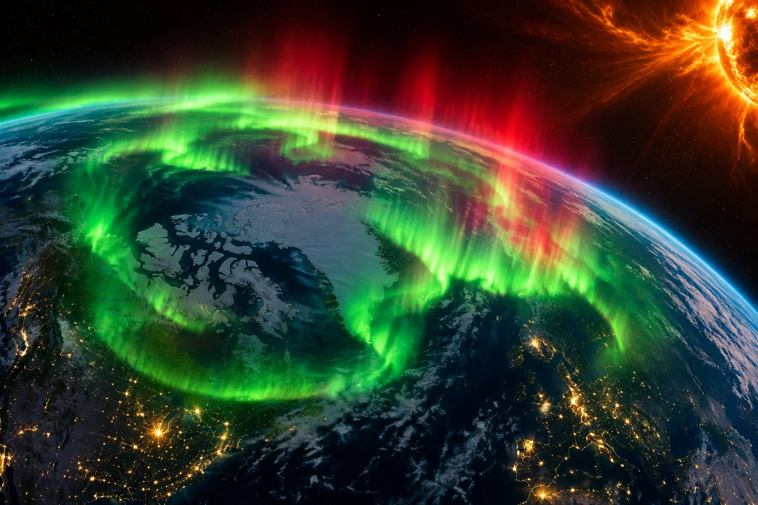 Satellite orbital view of Earth with intense solar storm auroras, glowing green and red lights