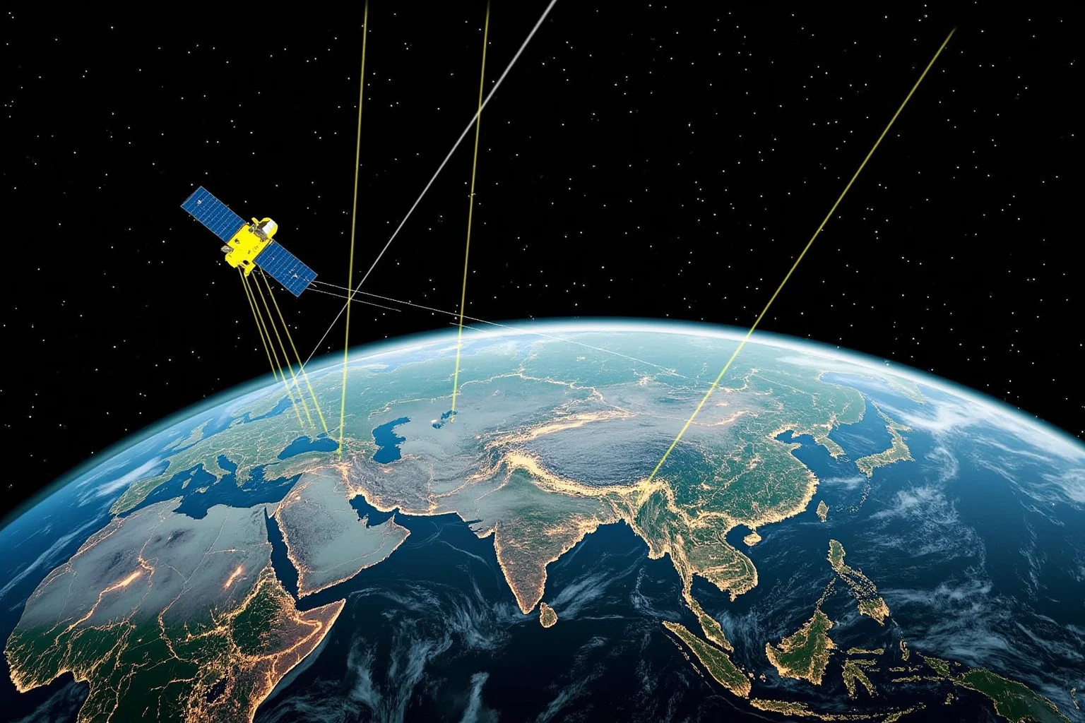 Things Americans Did First Before Any Other Country 17 Satellite orbiting Earth with signal beams reaching down to a city grid, illustrating early GPS navigation.