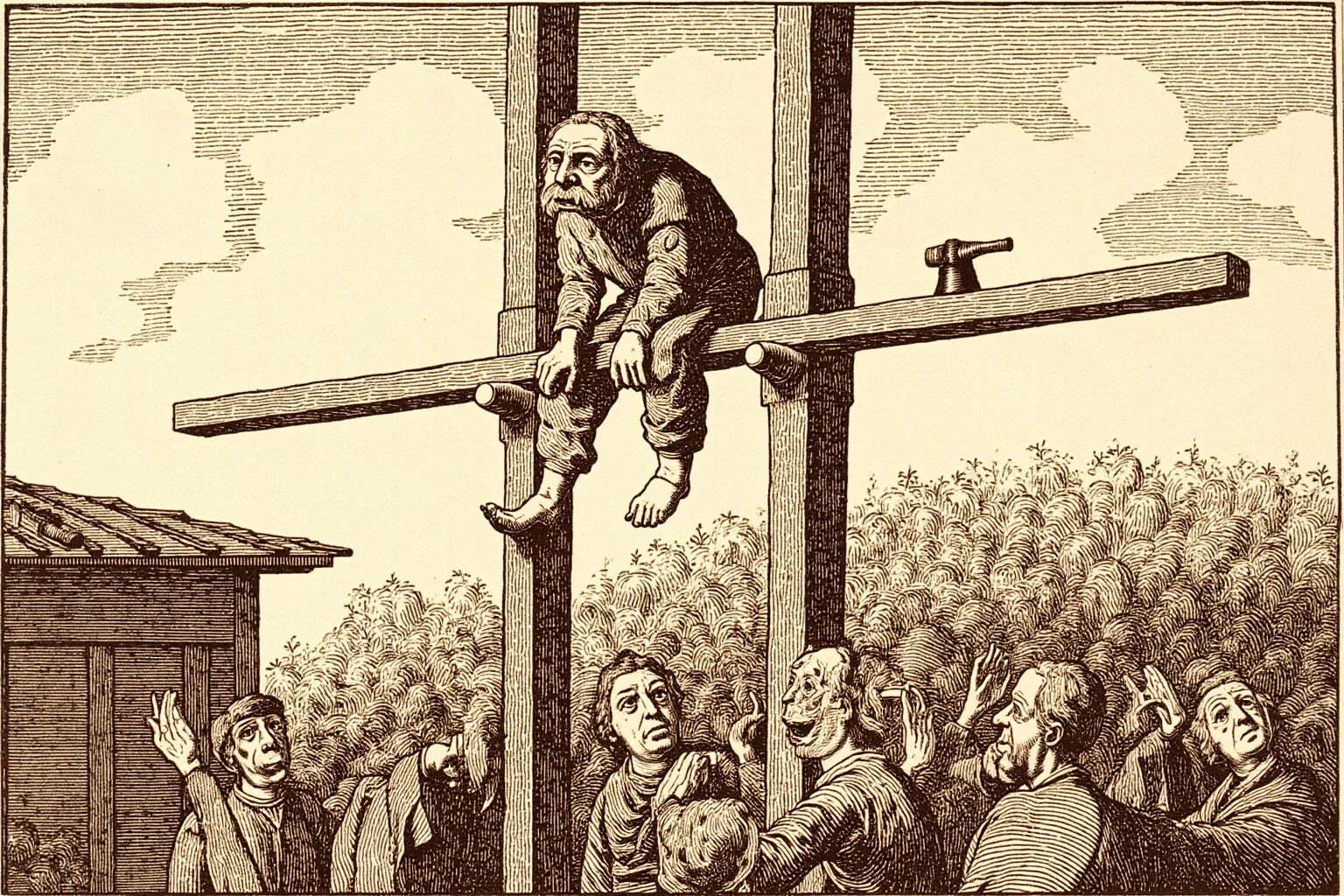 Executions Gone Horribly Wrong: 28 Botched Executions That Shocked History 5 Satirical 17th-century woodcut style image of a flustered executioner on a scaffold while a crowd jeers, an axe and knife resting on the boards, sepia tones.