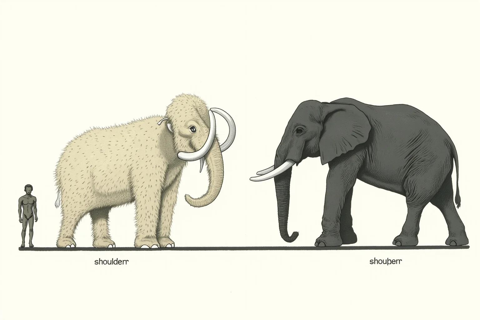 Scale comparison illustration of a woolly mammoth beside a human figure and a modern African elephant, showing shoulder heights.