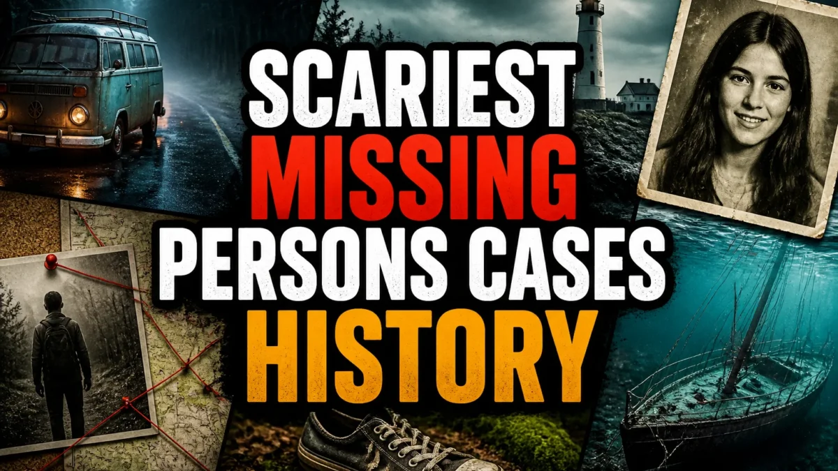 A bold, high-impact blog featured image in the style of a professional YouTube thumbnail or documentary poster. Create a dramatic photo-collage montage of 3-5 distinct historical scenes, subjects, or artifacts directly relevant to "Scariest Missing Persons Cases in History: 20 Creepy Disappearances That Still Baffle Us" — vivid, cinematic documentary-photography style, rich color grading, high contrast, dynamic diagonal composition blending the scenes together. Overlay a large, bold, stacked headline of text on top reading exactly: "SCARIEST MISSING PERSONS CASES HISTORY". Render the headline in a heavy, condensed, high-contrast font with a black outline/stroke for legibility, mixing white text with a single vibrant accent color (gold, red, or orange) on the most important word or phrase for emphasis, spelled correctly. The headline text must be the dominant visual element — large, bold, and easy to read even at small thumbnail size. Vibrant, punchy, professional commercial photography and graphic-design composition. 16:9 landscape. Keep the headline text within the vertical center safe zone, away from the very top and bottom edges of the frame, since the image may be cropped afterward. No watermarks, no logos, no extra captions or invented text beyond the headline itself.