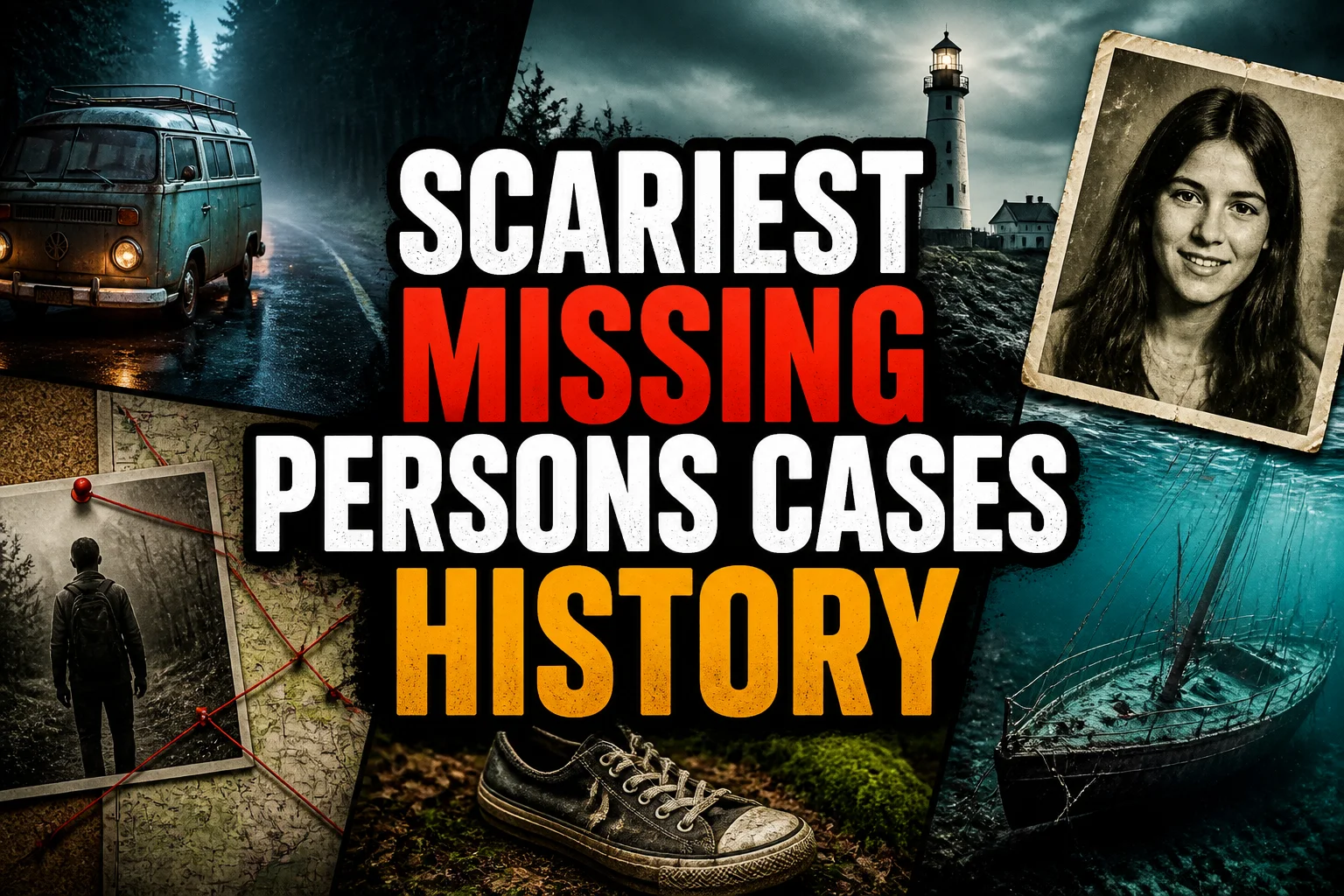 Scariest Missing Persons Cases in History: 20 Creepy Disappearances That Still Baffle Us 2 A bold, high-impact blog featured image in the style of a professional YouTube thumbnail or documentary poster. Create a dramatic photo-collage montage of 3-5 distinct historical scenes, subjects, or artifacts directly relevant to "Scariest Missing Persons Cases in History: 20 Creepy Disappearances That Still Baffle Us" — vivid, cinematic documentary-photography style, rich color grading, high contrast, dynamic diagonal composition blending the scenes together. Overlay a large, bold, stacked headline of text on top reading exactly: "SCARIEST MISSING PERSONS CASES HISTORY". Render the headline in a heavy, condensed, high-contrast font with a black outline/stroke for legibility, mixing white text with a single vibrant accent color (gold, red, or orange) on the most important word or phrase for emphasis, spelled correctly. The headline text must be the dominant visual element — large, bold, and easy to read even at small thumbnail size. Vibrant, punchy, professional commercial photography and graphic-design composition. 16:9 landscape. Keep the headline text within the vertical center safe zone, away from the very top and bottom edges of the frame, since the image may be cropped afterward. No watermarks, no logos, no extra captions or invented text beyond the headline itself.