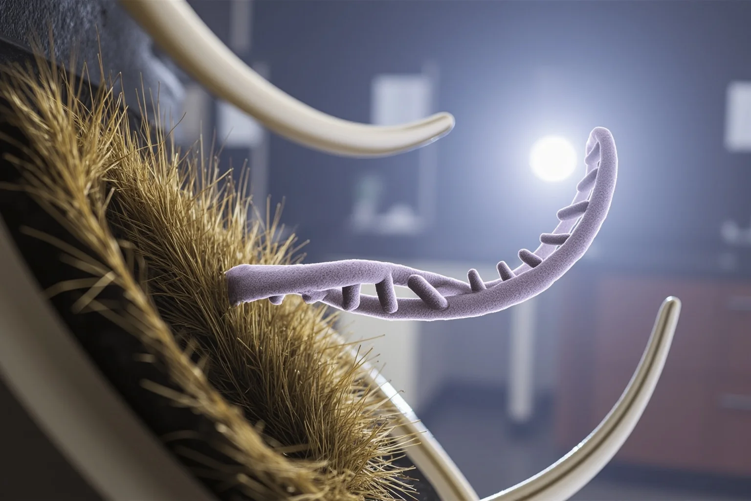 Scientific illustration of a DNA double helix emerging from an ancient mammoth hair sample against a laboratory backdrop.