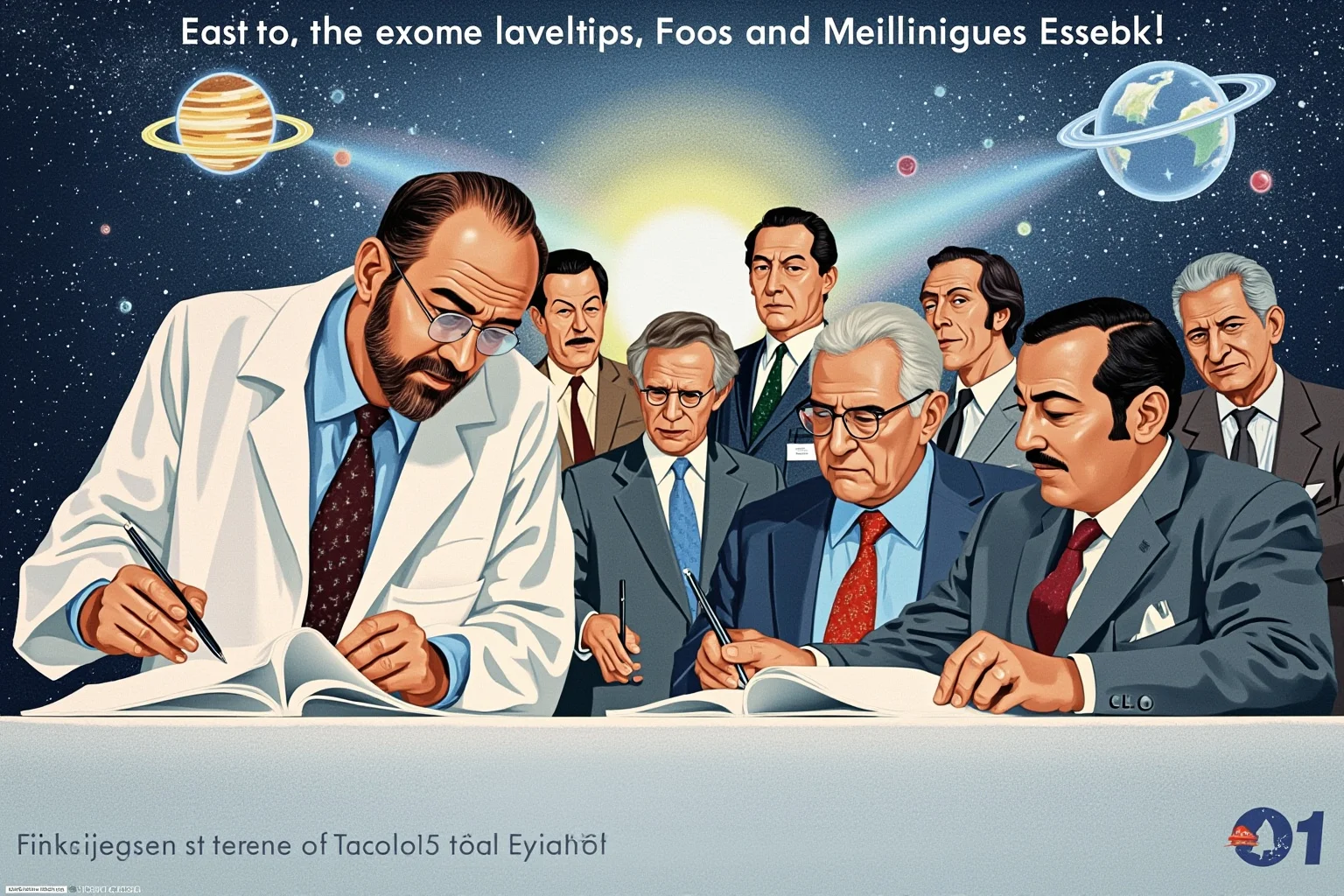 Scientists and diplomats signing the Montreal Protocol, 1987, ozone layer protection theme, modern illustration