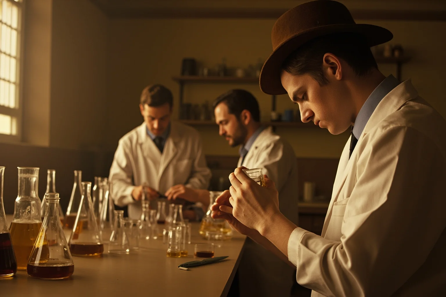Scientists in a 1940s laboratory working with penicillin cultures in glass flasks, warm sepia tones
