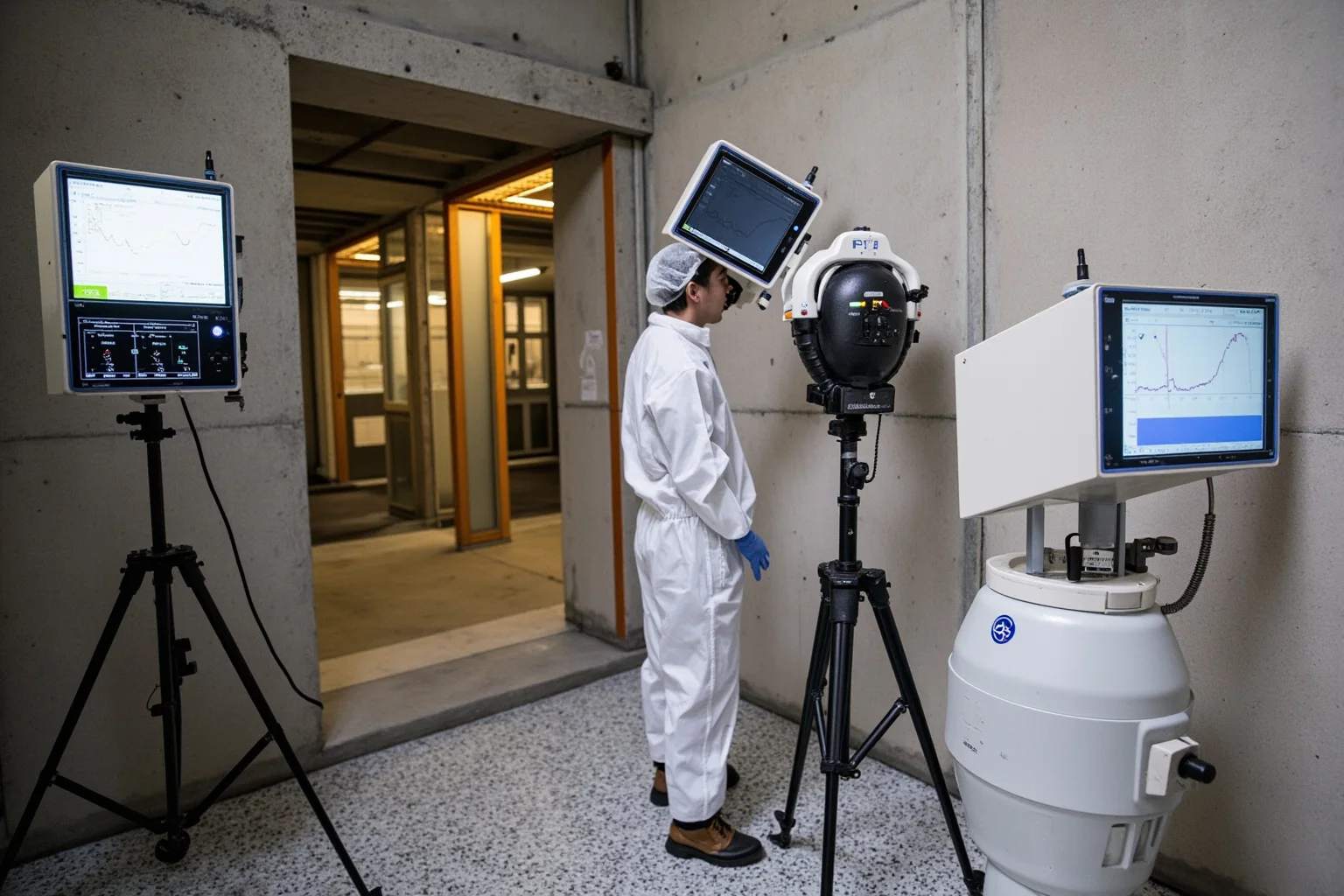 Scientists in protective suits monitoring equipment near a concrete shelter, with graphs and radiation readings, modern setting.