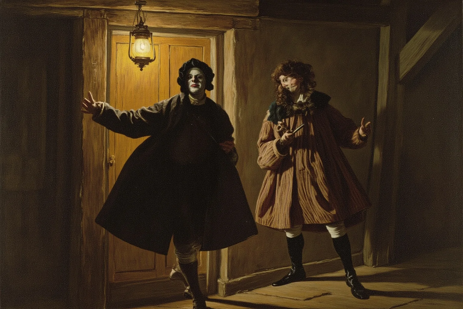 Scottish guisers in simple masks and turned-out coats performing at a cottage door, lantern light, 18th century rural setting, historical illustration, no text