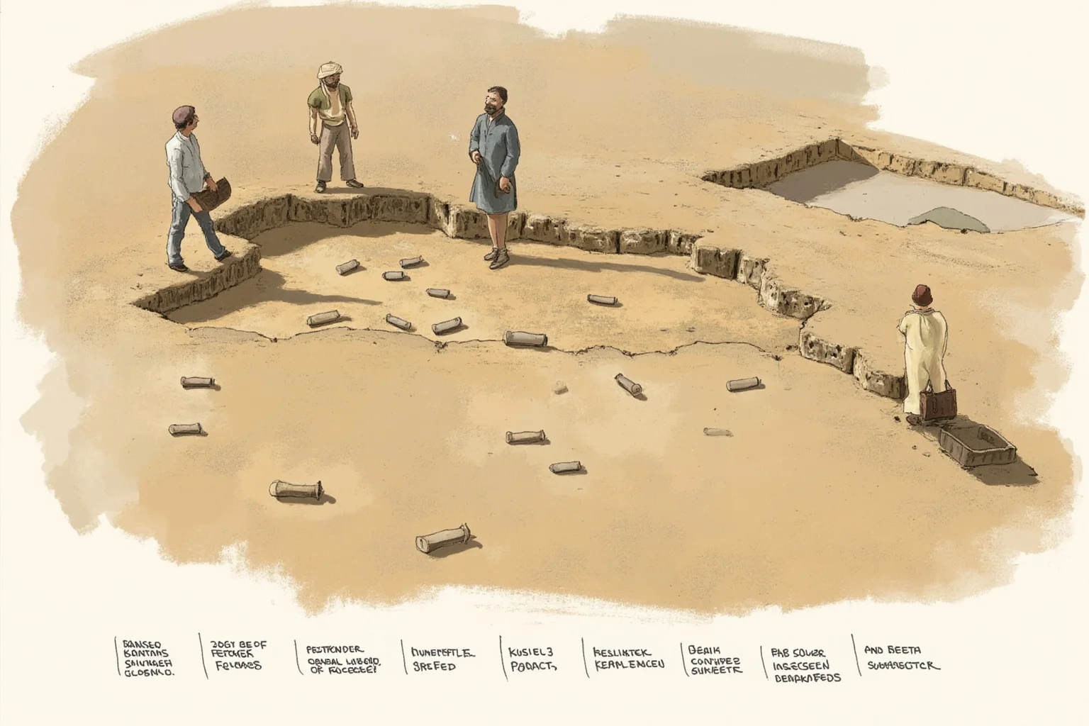 24 Facts About Prehistoric Humans 22 Sensitive, non-graphic illustration of an archaeological site where scattered stone-tipped projectiles are being documented by researchers.