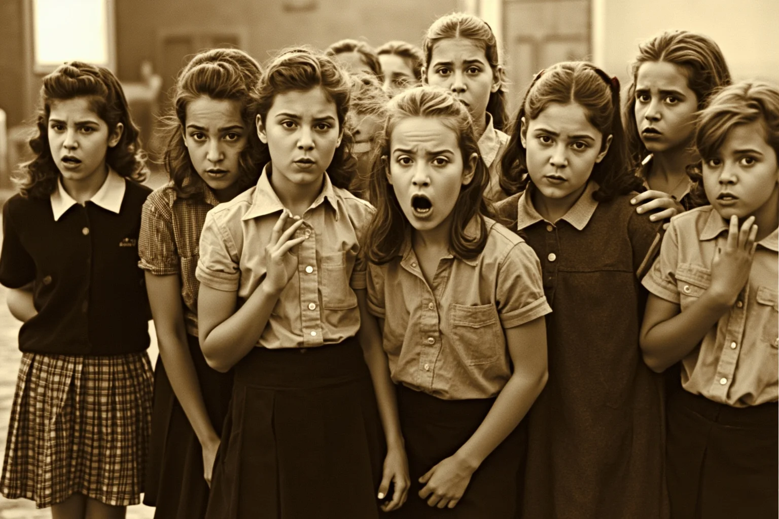 Sepia-toned conceptual image of a group of adolescent girls in 1960s school uniforms standing together in a village courtyard, expressions a mix of distress and bewilderment, no identifiable individuals, historical documentary aesthetic, safe for work.