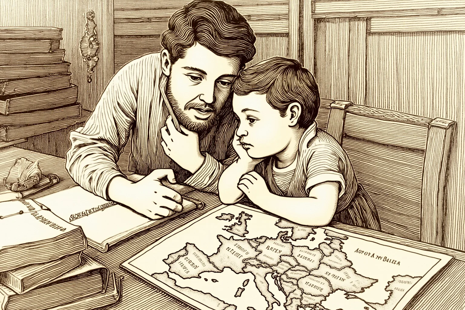 Sepia-toned illustration of a Belgian family study with law books, a writing desk, and a young boy looking at a map of Europe