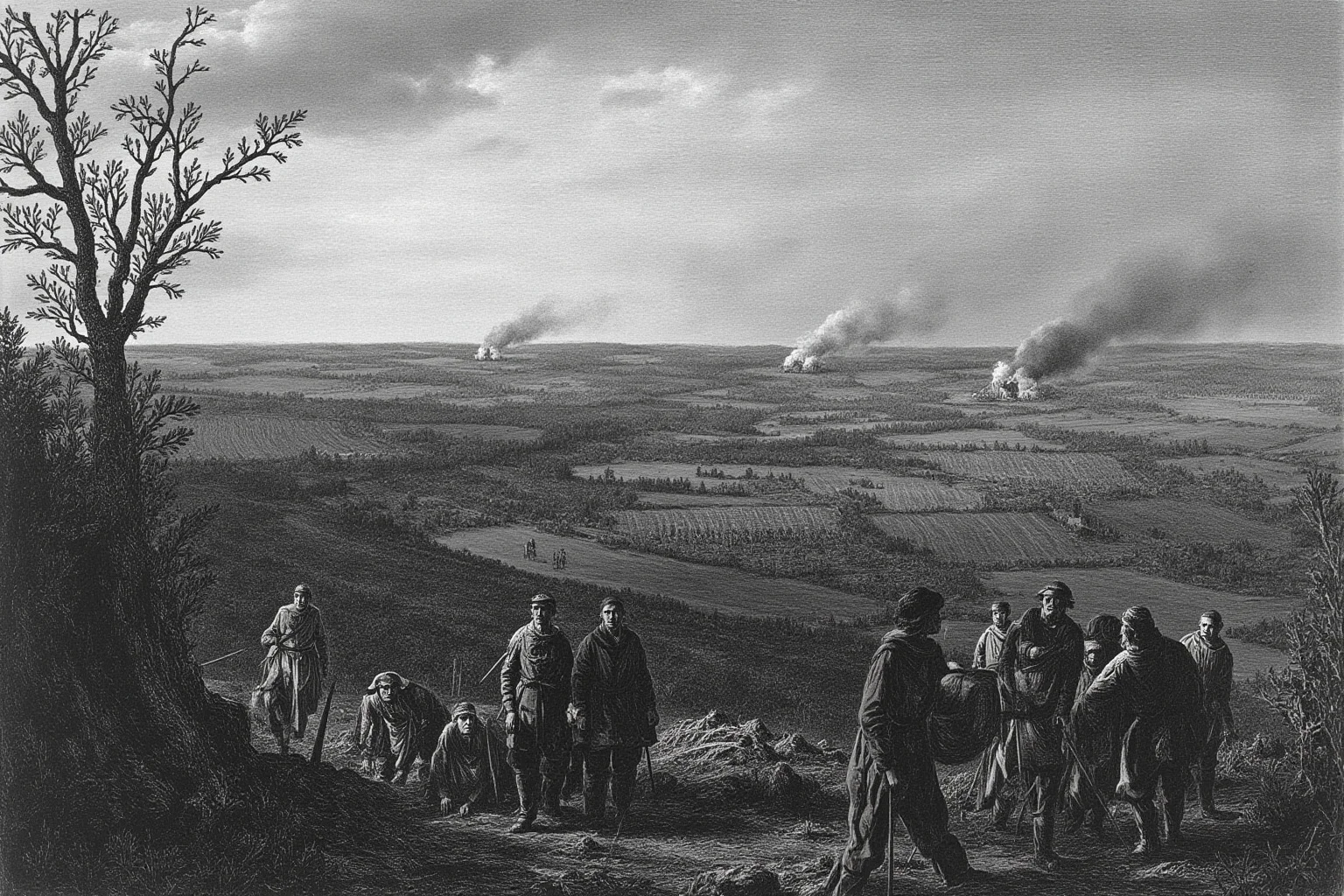 Most Peaceful Periods In History: The 10 Most Chaotic Eras That Broke The Calm 10 Seventeenth-century European village with plundered fields and smoke on the horizon, weary civilians in period clothing, bleak grey lighting, historical illustration style