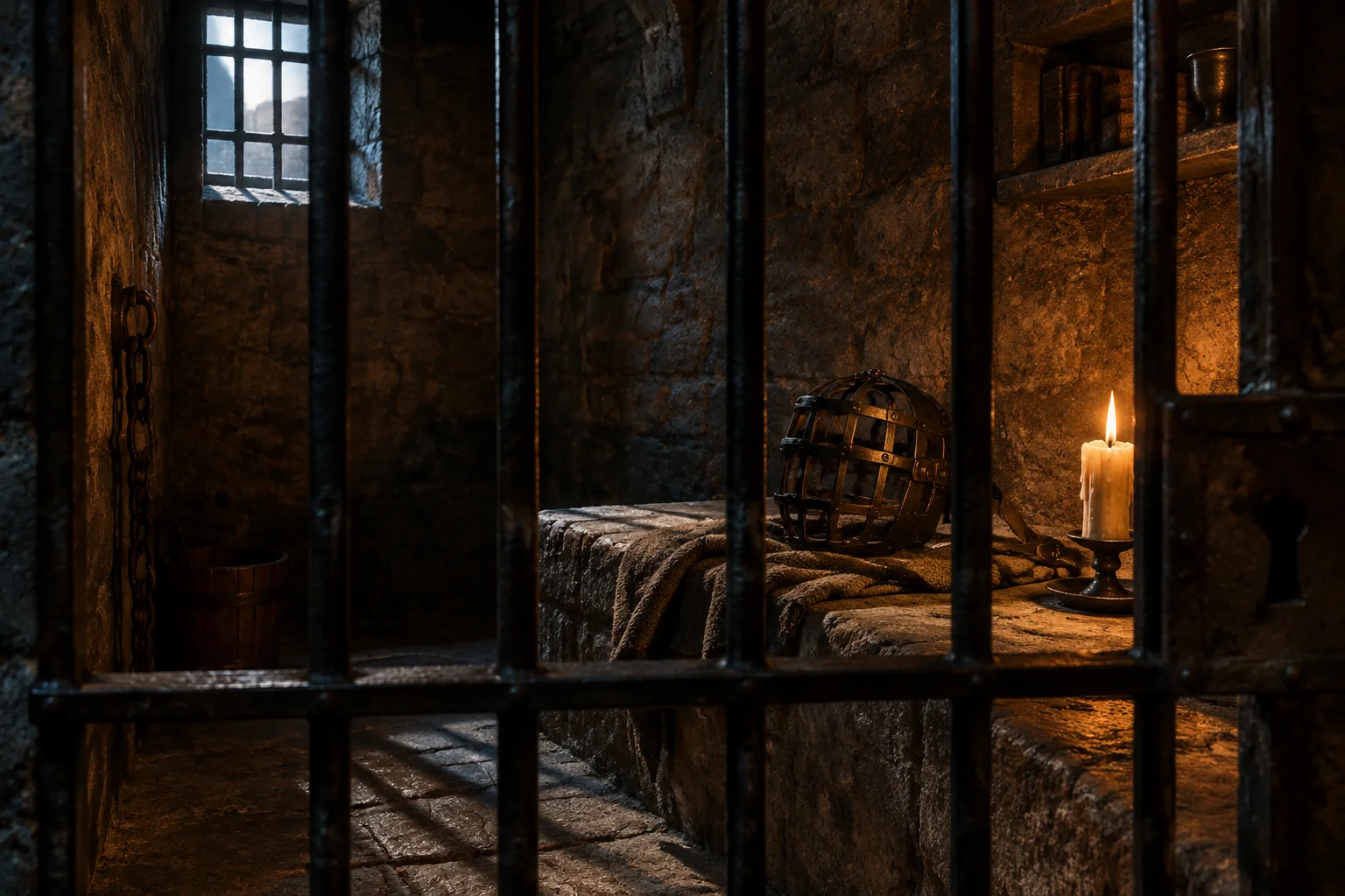 Seventeenth-century French prison cell with iron bars and a barred mask on a stone bench, candlelight, mysterious atmosphere, no people