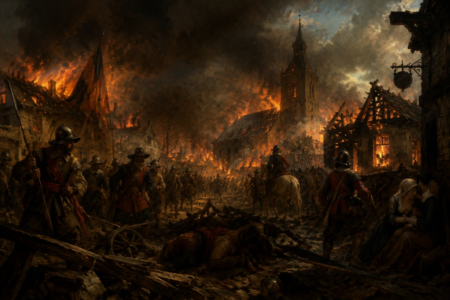 The Single Worst Time Period in Human History? What the Evidence Actually Shows 10 Seventeenth-century German village burning during the Thirty Years' War, soldiers and rubble, dark oil painting style.