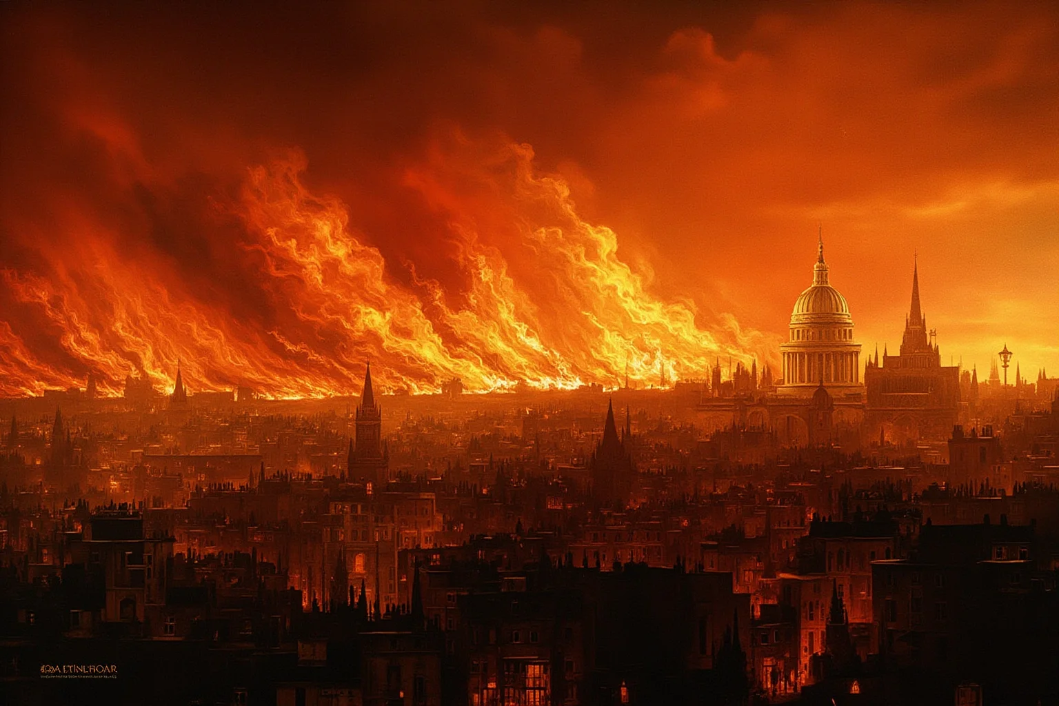 Seventeenth-century London skyline in flames with St Paul's Cathedral silhouetted, historical fire illustration