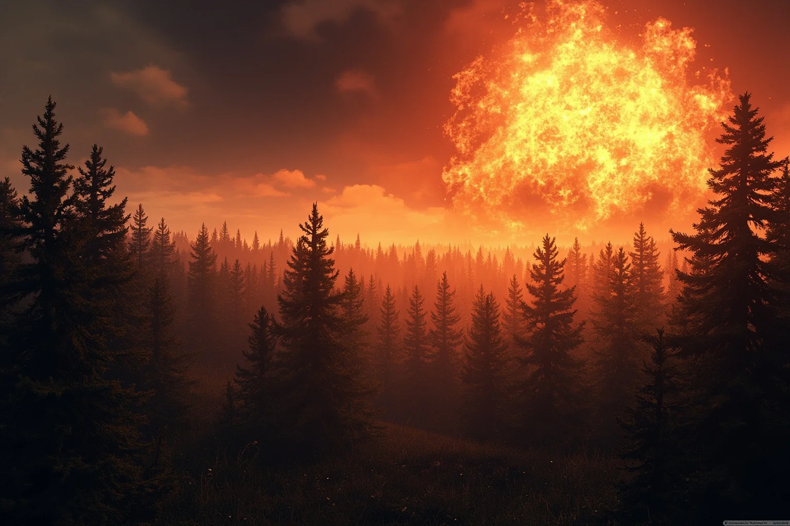 Siberian forest flattened by a massive explosion with a bright fireball in the sky, remote wilderness at dawn