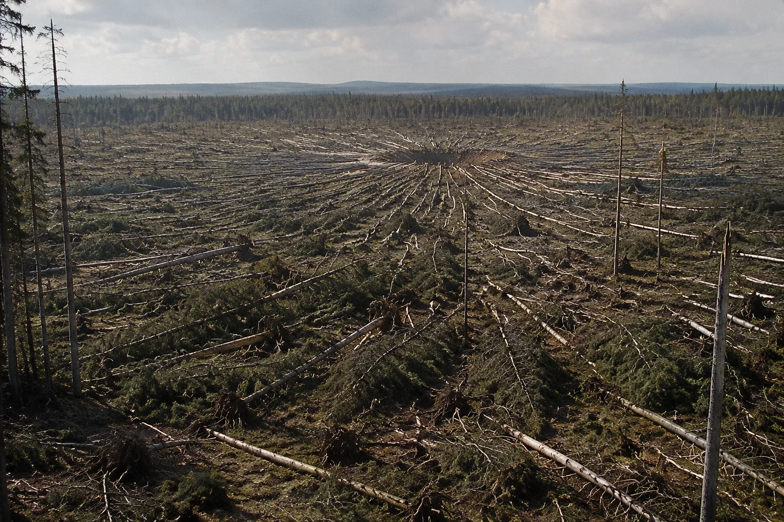 Siberian forest flattened by Tunguska blast, fallen trees radiating outward, early 20th-century atmosphere