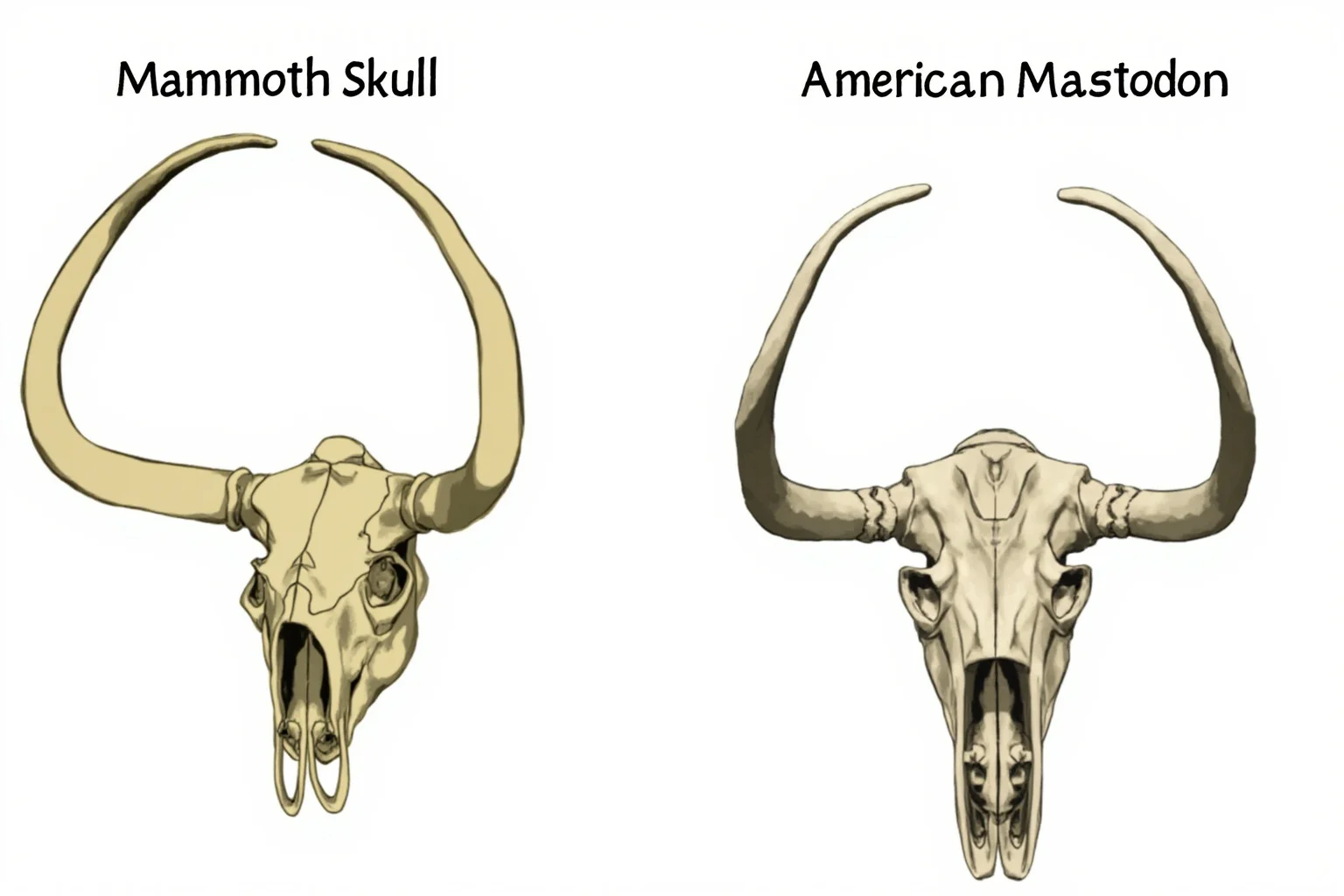 Side-by-side comparison illustration of a mammoth skull and an American mastodon skull, showing differences in skull shape and tusk placement.