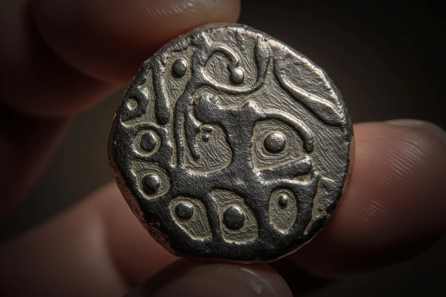 Silver Norse penny from 11th century, found in Maine archaeological site, close-up, natural lighting, photorealistic