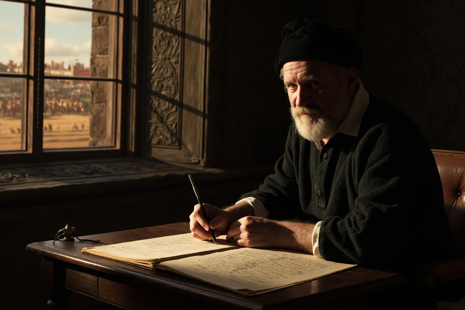 Sixteenth-century French astrologer at a desk with quatrains, a jousting tournament visible through a window, dramatic chiaroscuro