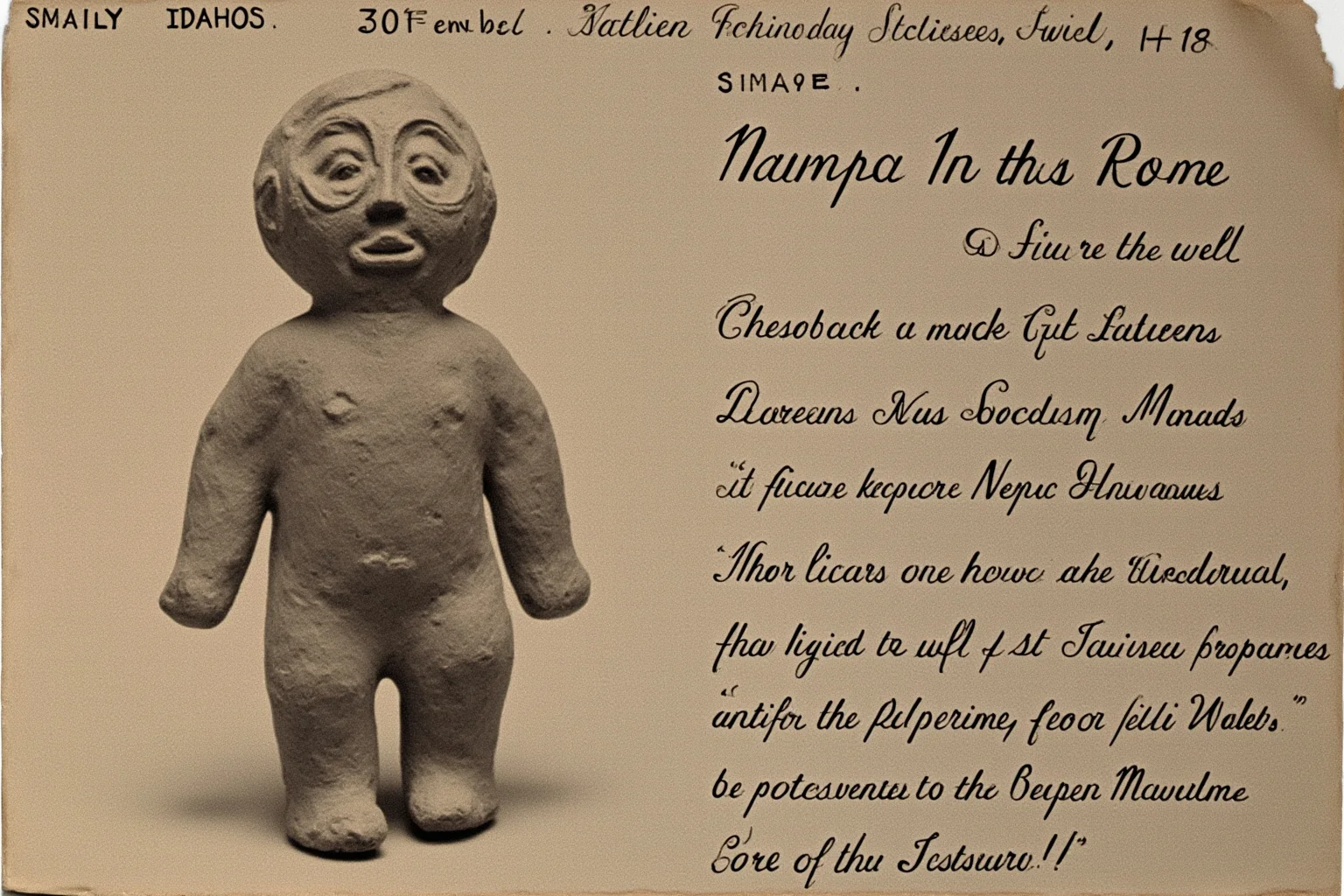 Small clay figurine found in Nampa, Idaho well, 300 feet deep, 19th-century excavation, photorealistic