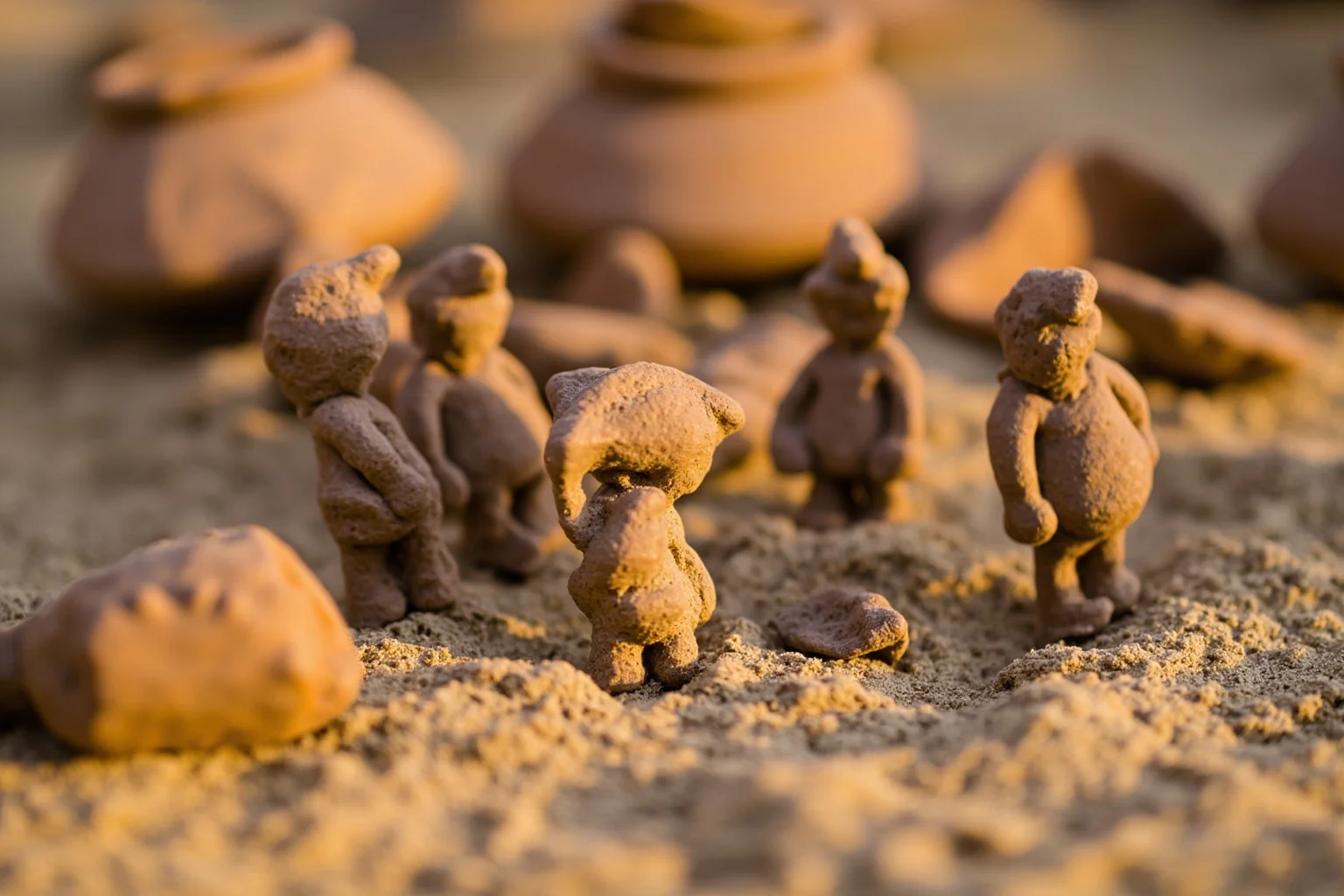 Small clay figurines with humanoid bodies and lizard-like heads, arranged in a circle on sand, with ancient pottery shards nearby, warm light.