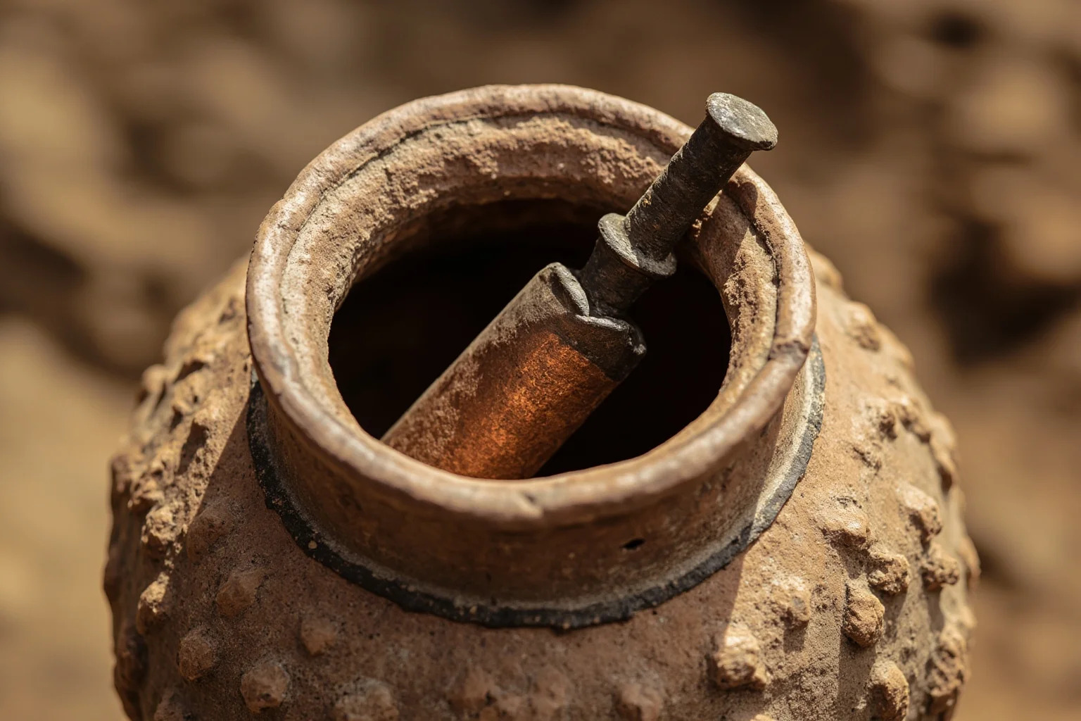 Small clay jar with copper cylinder and iron rod inside, ancient Baghdad battery, archaeological dig site, photorealistic