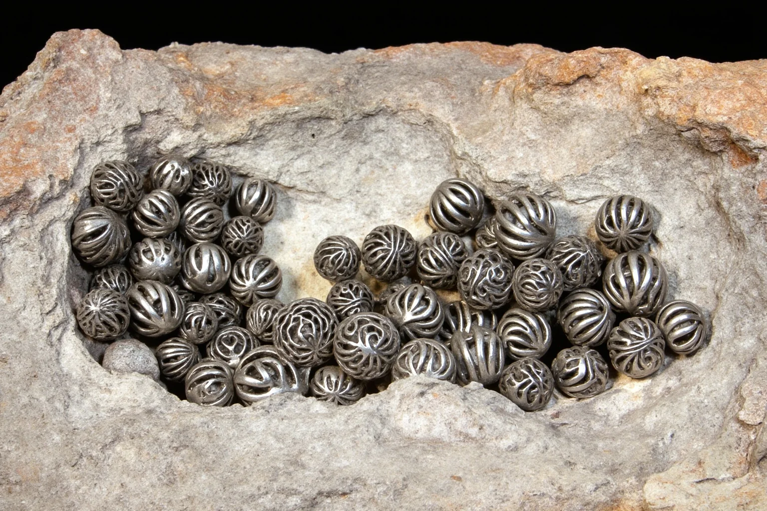 Small metal spheres with grooves from Klerksdorp, South Africa, pyrophyllite deposit, close-up, photorealistic
