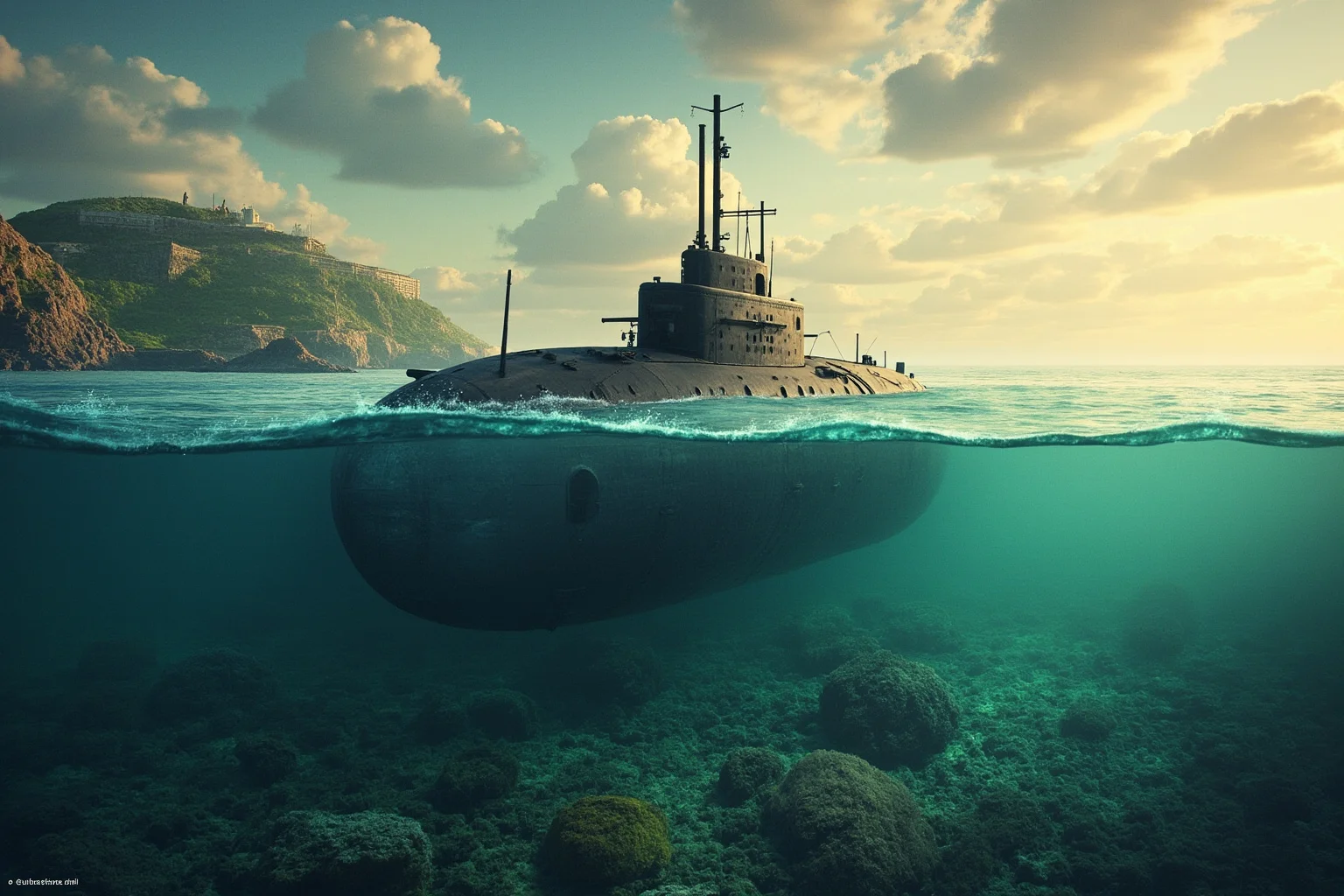 Small midget submarine grounded on a coral reef near a harbor entrance, early morning light, historical illustration style