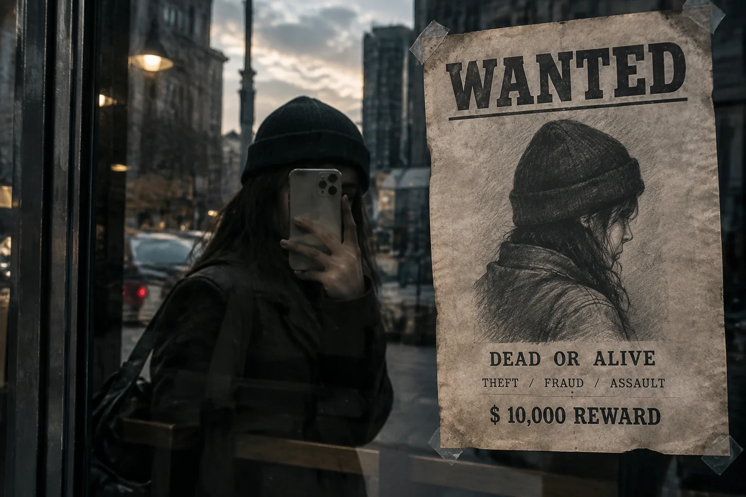 Smartphone selfie reflected in a window near a wanted poster style sketch, modern fugitive mood, no real faces