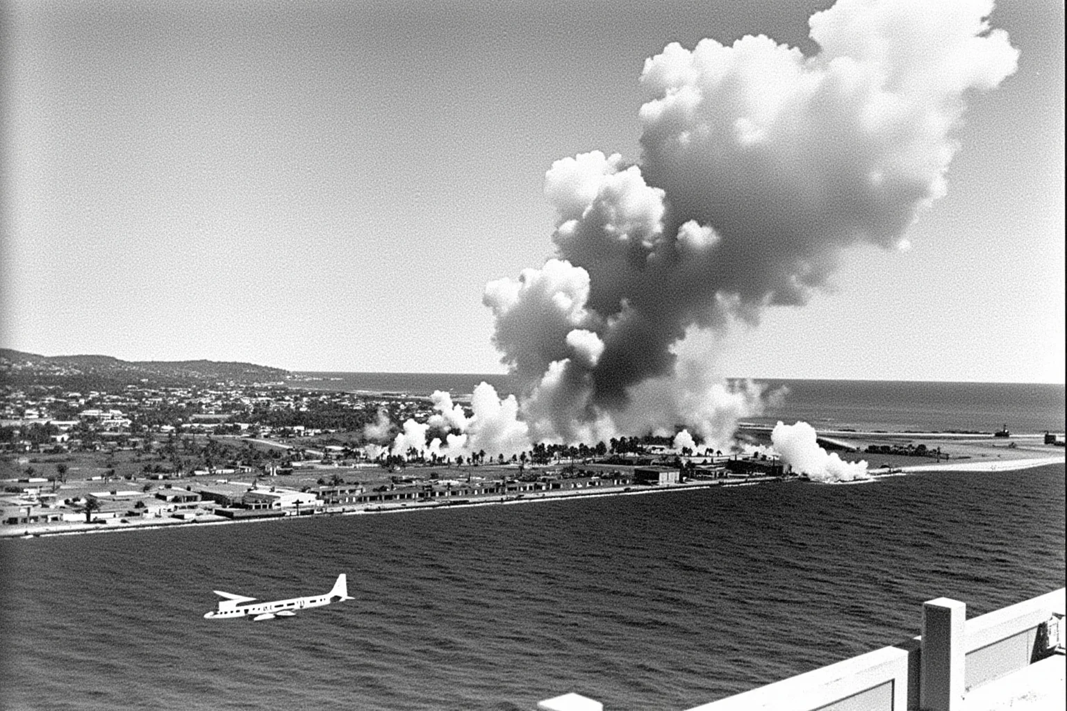 Smoke rising over a Hawaiian harbor with anti-aircraft bursts in the sky, distant city rooftops, 1940s wartime illustration