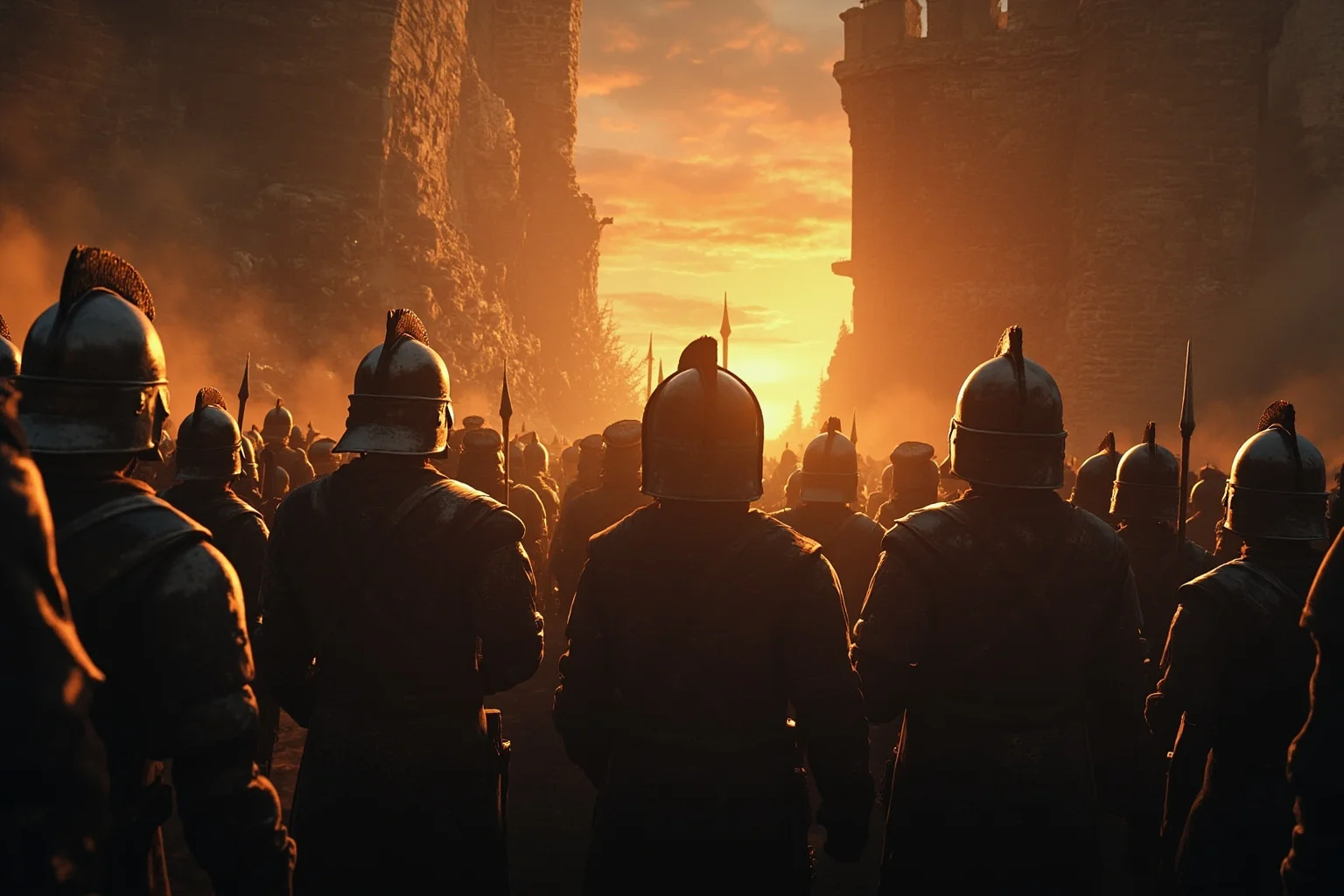 Military Tactics That Seemed Brilliant: 20 That Were Pure Desperation 16 Soldiers volunteering for a forlorn hope, standing before a breached castle wall at dawn, medieval siege scene, somber tone