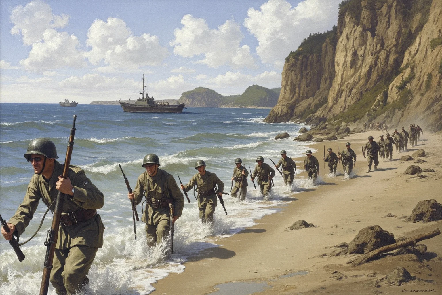 The Turning Point? 20 Facts About the Battle of Normandy 9 Soldiers wading ashore under fire toward steep bluffs on a rugged beach with landing craft behind them, painterly historical style, no recognizable faces
