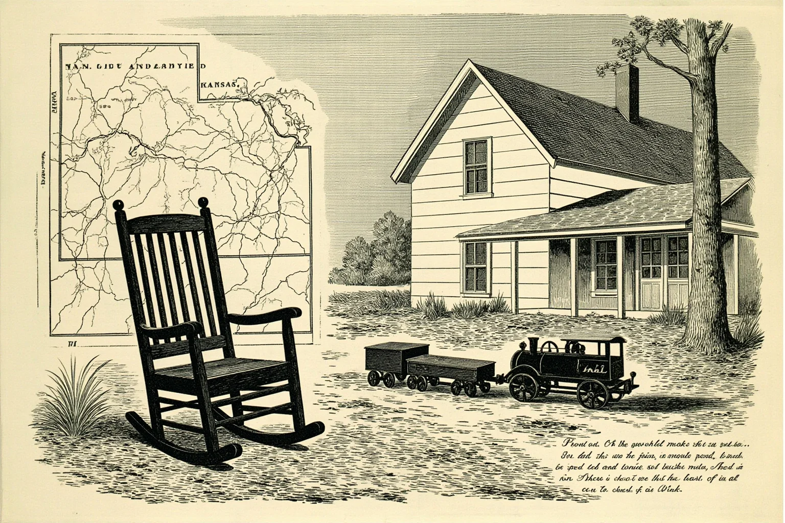 Somber 1850s illustration of an empty rocking chair and a tiny toy train near a quiet New England house, with a Kansas prairie map in the background