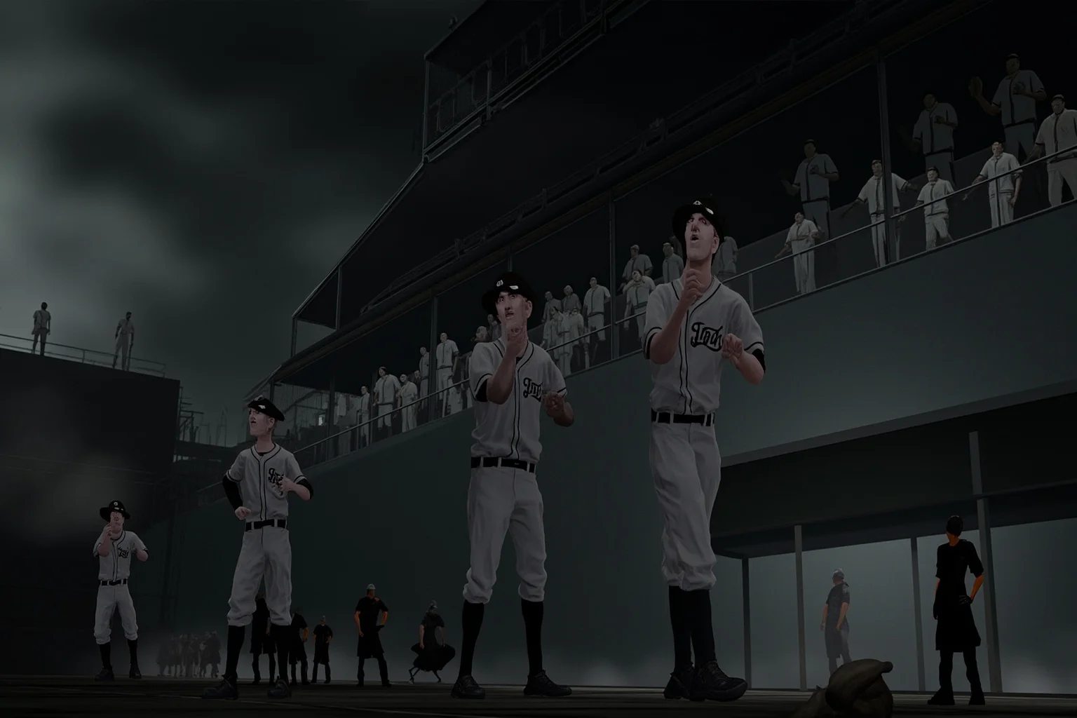 25 Memorable Moments That Defined World Series History 4 Somber 1919 baseball scene with players in vintage uniforms and shadowy figures in the grandstand, tense atmosphere, no real likenesses.