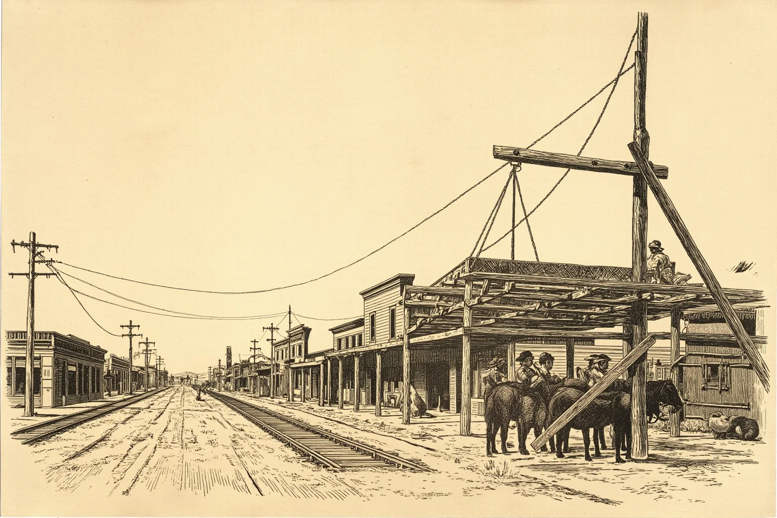 Executions Gone Horribly Wrong: 28 Botched Executions That Shocked History 14 Southwestern desert town illustration from 1901, a wooden scaffold with an over-long rope, dusty main street and railroad tracks, sepia print style.