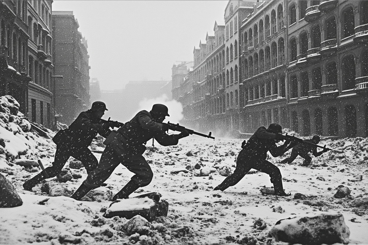 25 Epic Battles of History: The Greatest Clashes That Shaped Our World 26 Soviet and German soldiers fighting amid ruined city streets in winter at the Battle of Stalingrad, snow and rubble, historical illustration