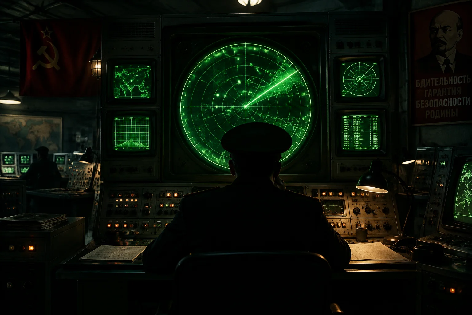 Soviet-era radar control room with glowing green screens and an officer silhouetted at a console, dramatic lighting