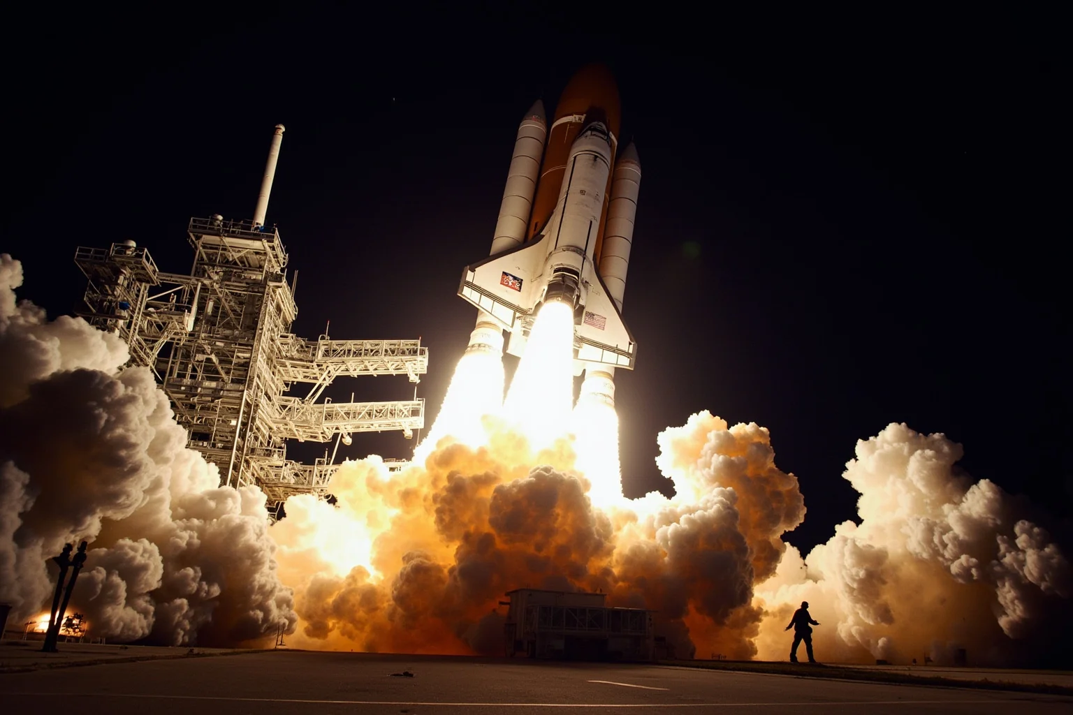 Things Americans Did First Before Any Other Country 22 Space shuttle lifting off from a launch pad with solid rocket boosters and trail of exhaust, illustrated in dramatic low angle.