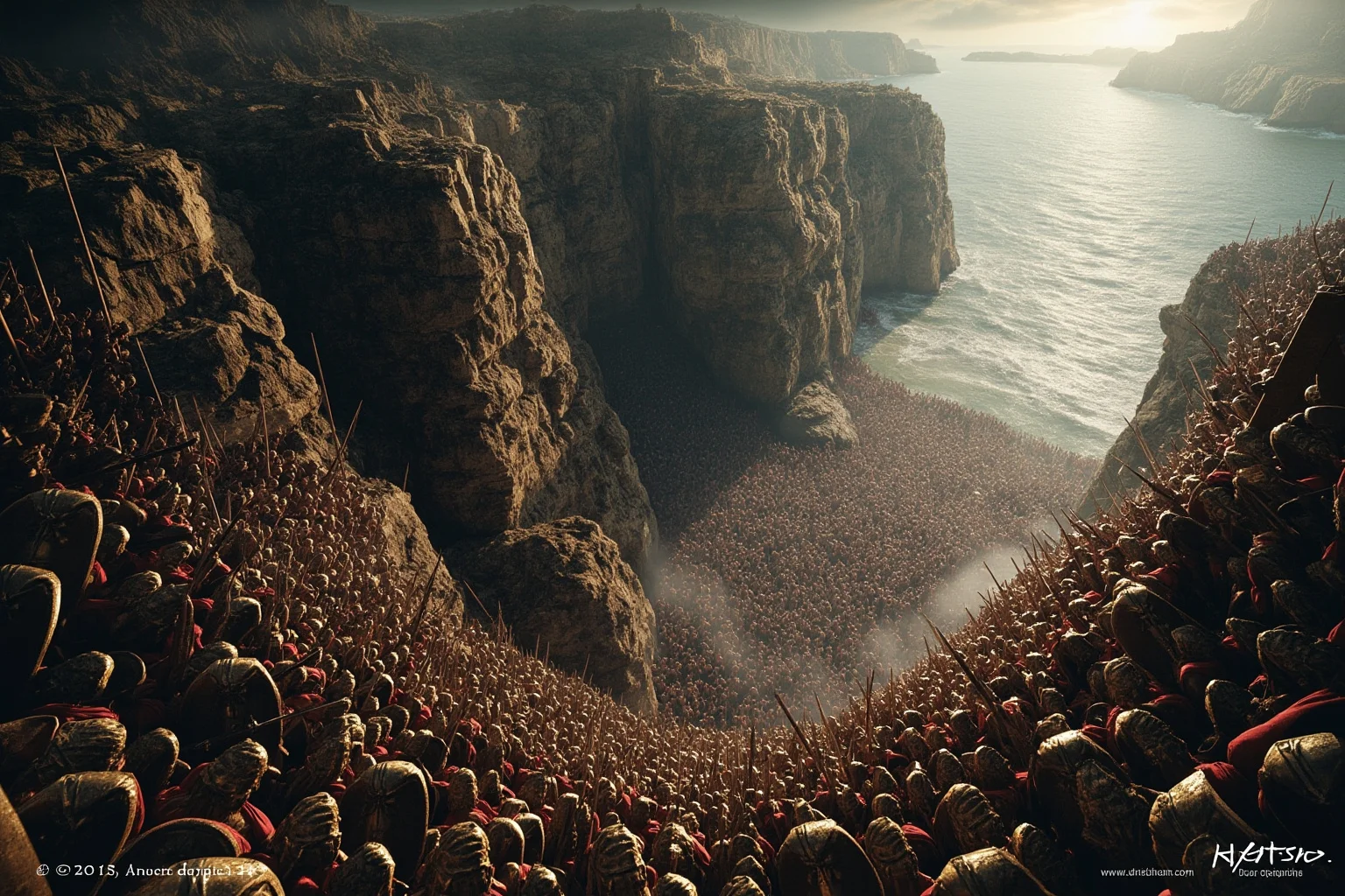 25 Epic Battles of History: The Greatest Clashes That Shaped Our World 5 Spartan warriors holding a narrow mountain pass against a vast Persian army at Thermopylae, rocky cliffs and sea below, dramatic lighting, historical illustration